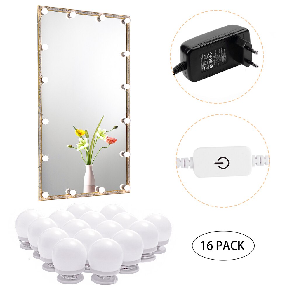 Lumière LED pour miroir de maquillage, ampoule 14/16 pour coiffeuse, lampe de vanité Hollywood, variable en continu avec adaptateur de prise