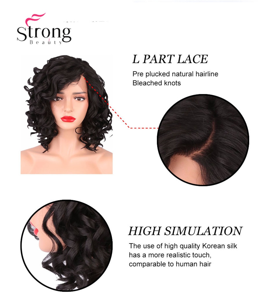 Strongbeauty syntetisk spets främre peruk lockig bob frisyr värmebeständig/ sidodel naturlig svart peruk dam medellängd l del