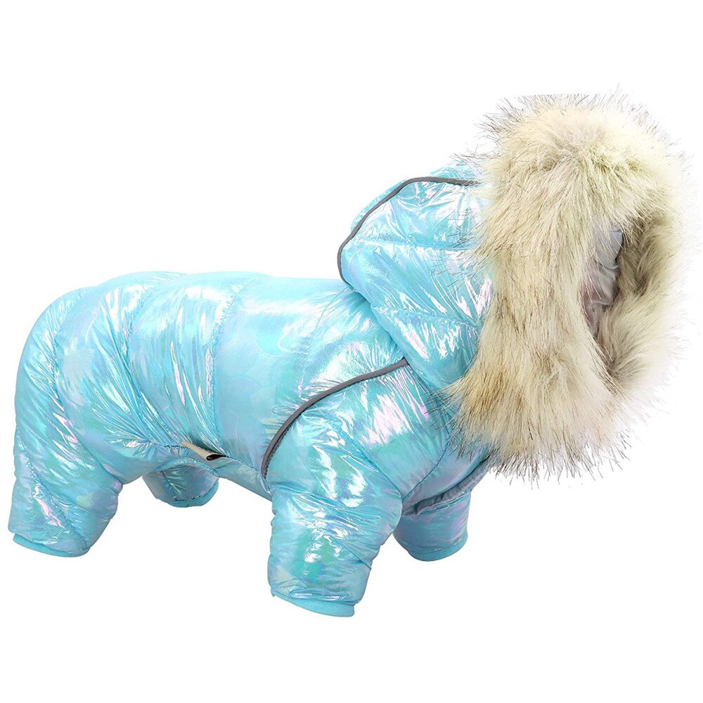 Ropa de invierno para perro, monos de lujo con Cuello de piel, abrigo acolchado grueso e impermeable para perros pequeños, cálido para mascotas, traje de nieve y tormenta: blue / 14