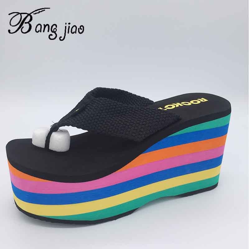 Superhög klack dam flip flops sandaler tofflor tjock botten plattform sluttning strand kvinnlig regnbåge slides skor