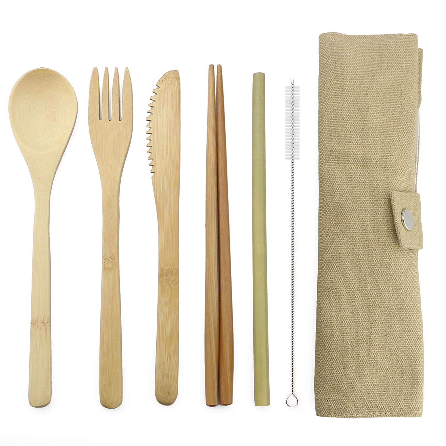 7-Piece Wooden Flatware Cutlery Set Bamboo Straw Set With Cloth Bag Knives Fork Spoon Chopsticks Travel: 2set / Ginger Yellow