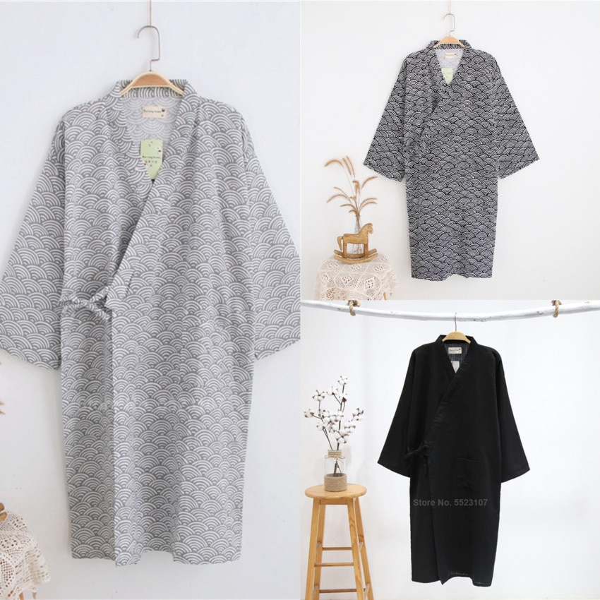 Men Kimono Bathing Robes Cotton Sauna Nightwear Pajamas Wave Print Vintage Japanese Style Yukata Sleepwear Breathable Clothing