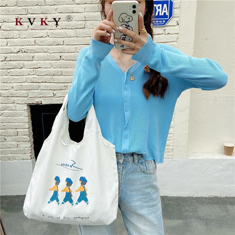 Original Illustration Korean Cartoon Printed White Canvas Bag Student Personality Handbag Shoulder Bag Green Bags