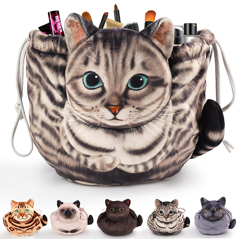 Leuke kat make-up tas trekkoord sluiting 3D kat hoofd platte cosmetische tas cadeau voor vrouwen kattenliefhebbers reisorganisator tas