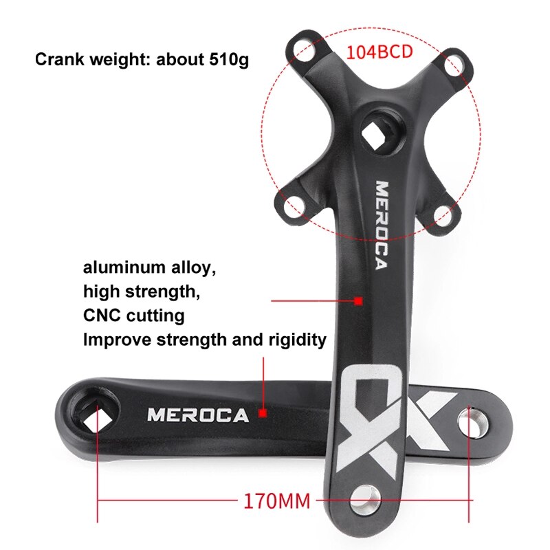 MEROCA Bicycle Crank Chainwheel 104BCD MTB Bike Crankset Aluminum Alloy with Bottom 170mm Crank Black 32/34/36/38/40/42T Plate