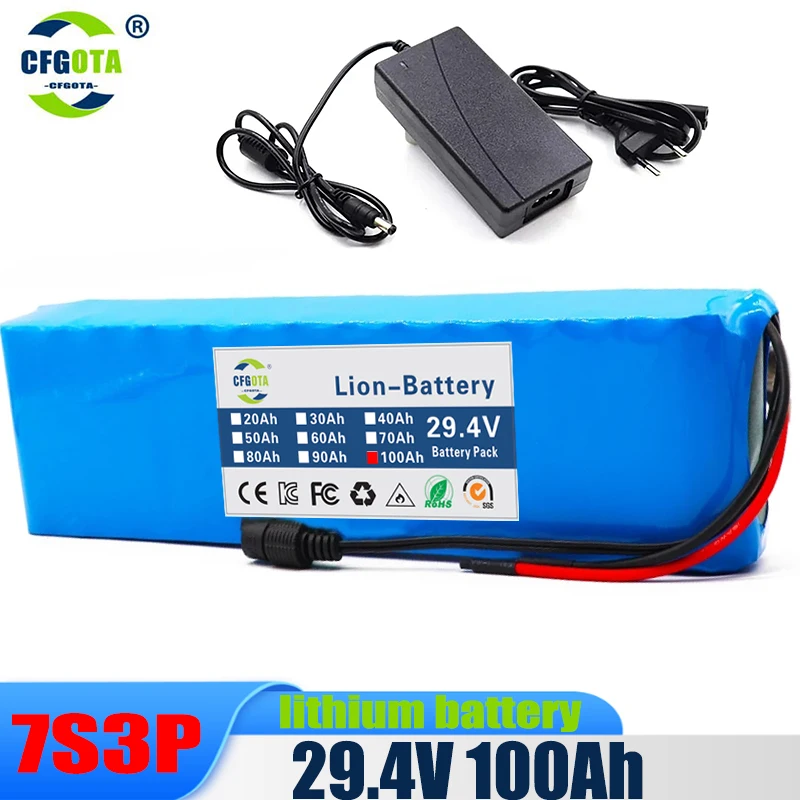 29.4V lithium ion battery pack, 7s3p 29.4V 100000mAh, built-in BMS, suitable for bicycles, motorcycles, electric scooters