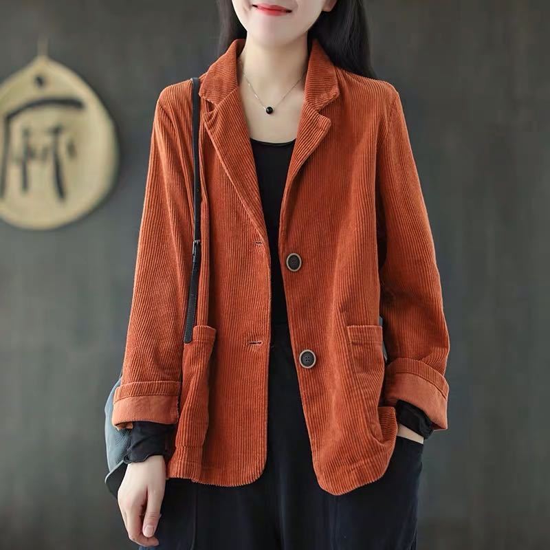 Chaqueta Vintage de pana para mujer, abrigo informal de manga larga, color azul y negro, primavera y otoño,