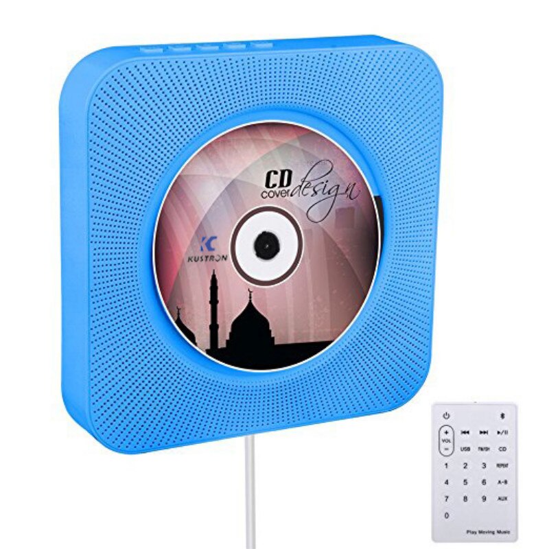 Wall Mountable CD Player Bluetooth HiFi CD Music Player With Remote Control FM Radio USB MP3 3.5MM Headphone Jack: blue USPlug