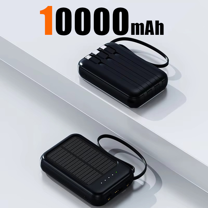 50000 mah solcelle-powerbank hurtigopladende led-lys med 4 kabler type-c multiport udendørs bærbar mobil ekstern strømforsyning: Guld