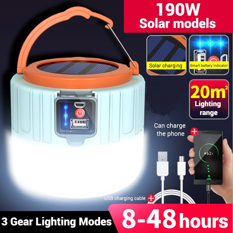 Portable Outdoor Solar Bulb Lanterns Light With Hook Camping BBQ Hiking Lamp USB Rechargeable Waterproof Emergency Tent Lights: 190W  Solar Light