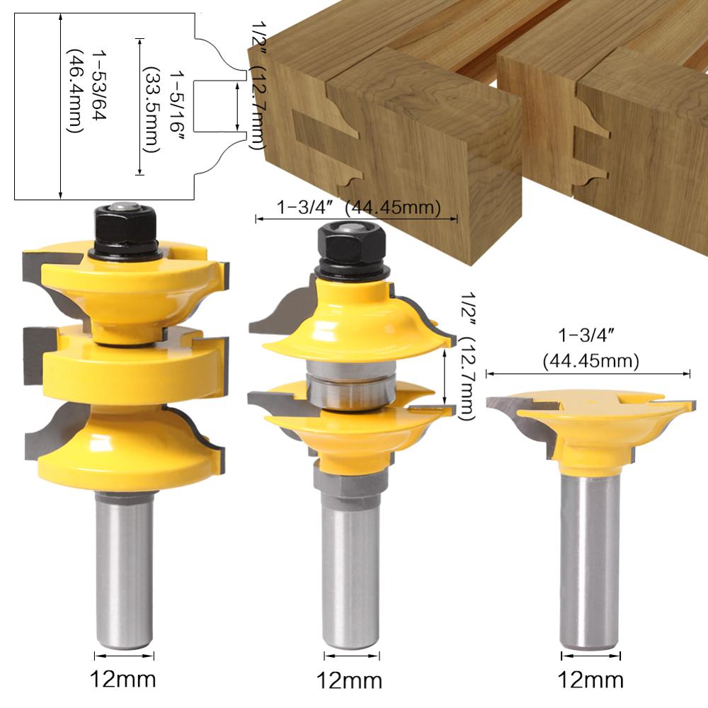 3pcs 8mm 12mm Shank Entry Interior Tenon Door Router Bit Set Ogee Matched R&S Router Bits Carving for Wood: 12mm shank