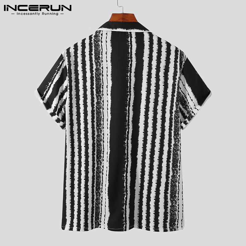 Men Shirt Summer Striped Print Lapel Short Sleeve Breathable Hawaiian Shirts Streetwear Button Casual Camisas INCERUN S-3XL