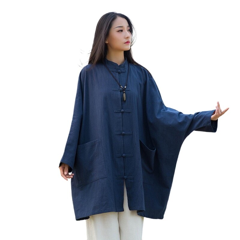 Camisa holgada de estilo chino para mujer, Blusa de algodón y lino, camisa de manga larga de talla grande, ropa de Tai Chi, Tops V1999