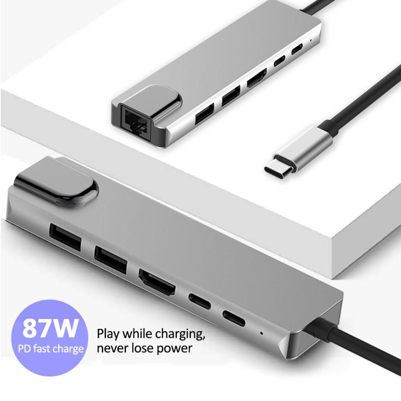 Professionele Mode 6 In 1 Usb Type C Hub Adapter Dock Met 4K Hdmi-Compatibel RJ45 Ethernet Lan lading Mobiele Telefoon Accessoire