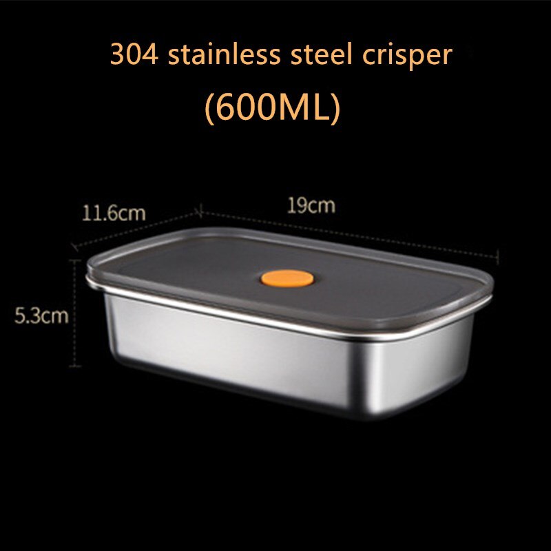 304 Stainless Steel Microwave Lunch Box Refrigerator Fruit And Vegetable Frozen Fresh-keeping Lunch Box Sealed Food Lunch Box: 600ml