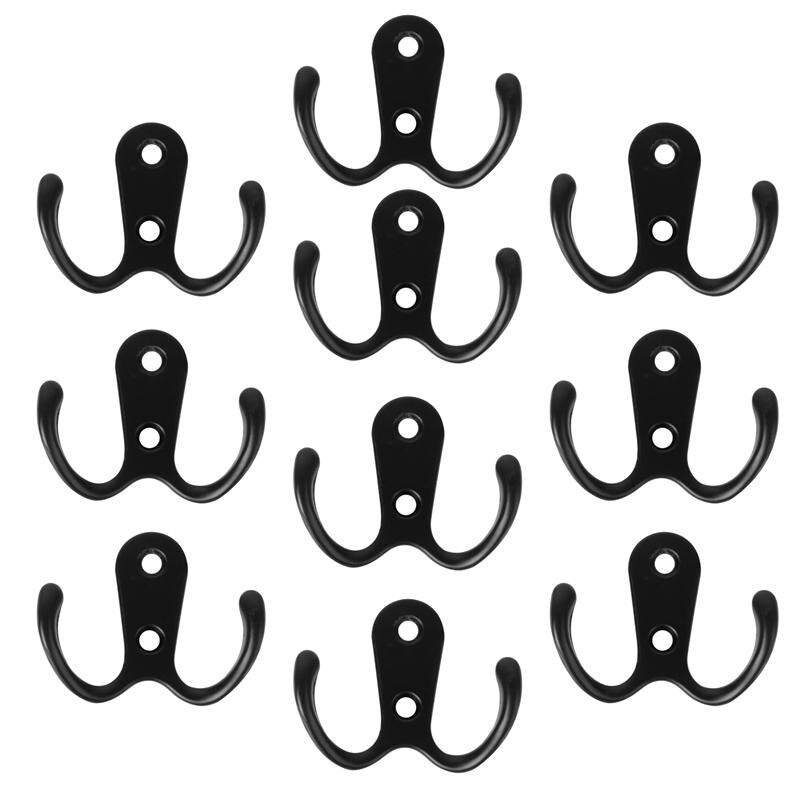 10pcs 2-Pronged Coat Hooks Wall-Mounted Hooks Zinc Alloy Coat Hooks Organizer 2 Hole Towel Hanger For Coats Hats Clothing: Black