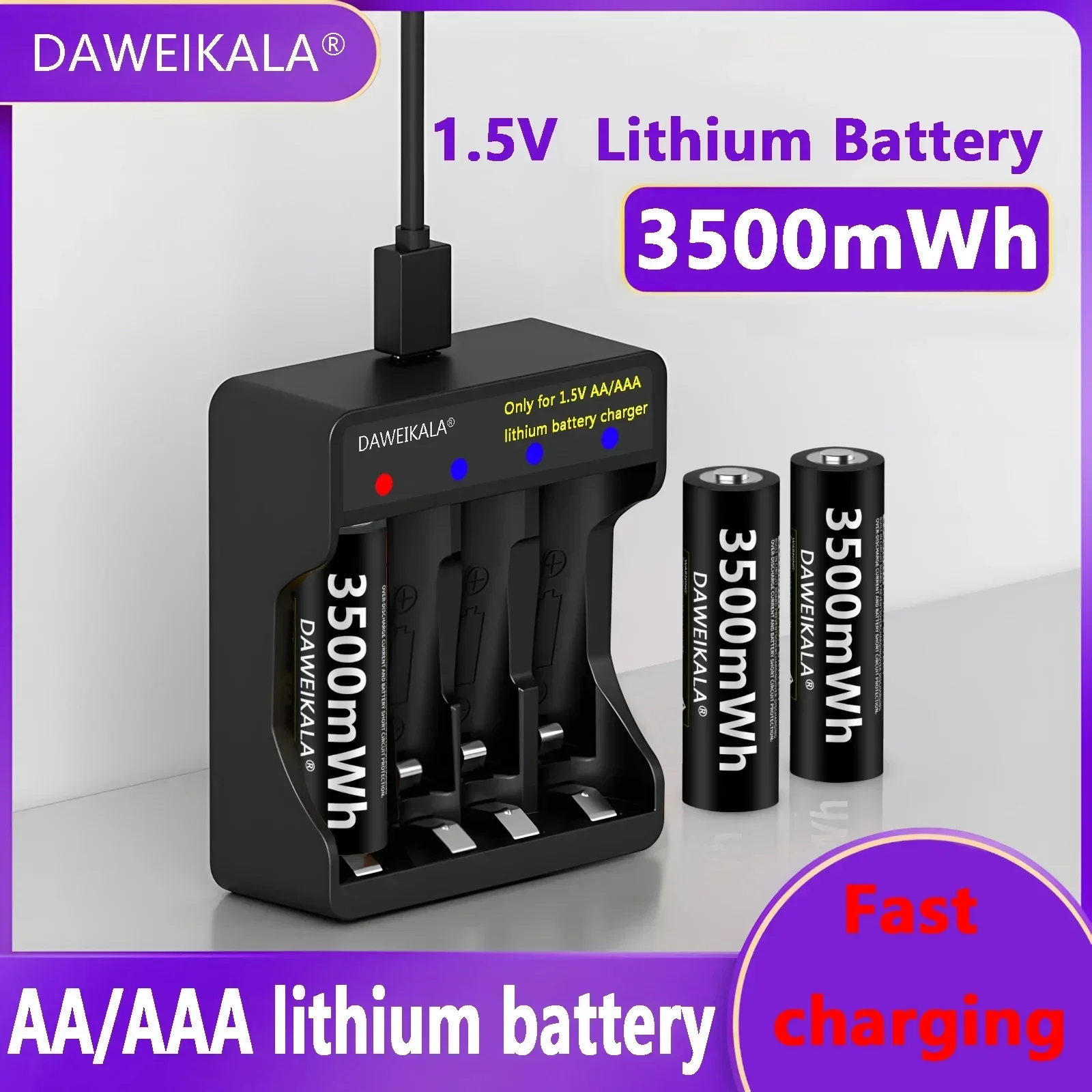Pilas AA recargables de iones de litio de alta capacidad, pilas AA de 1,5 V, 3500mWh para juguetes de Control remoto, carga rápida ligera