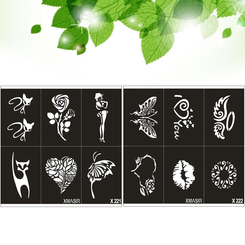 2 hojas de plantillas, tarjetas de tatuaje de , moldes de pintura, plantillas de tatuajes para tienda, hogar