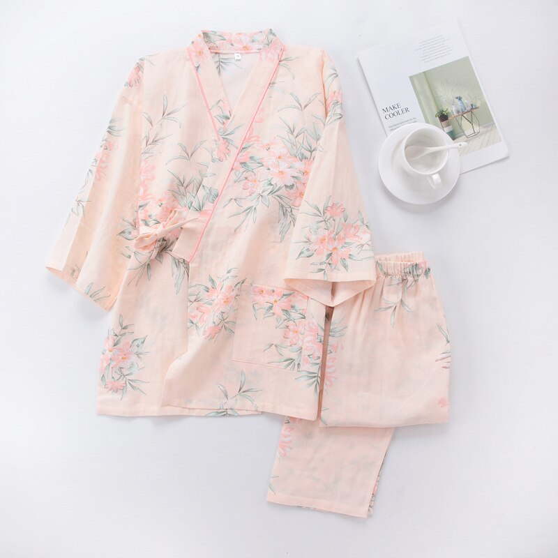 Yukata de estilo japonés para mujer, ropa de dormir con Kimono Floral de primavera, conjunto de pijamas finos de algodón para el hogar, ropa de dormir de ocio para mujer