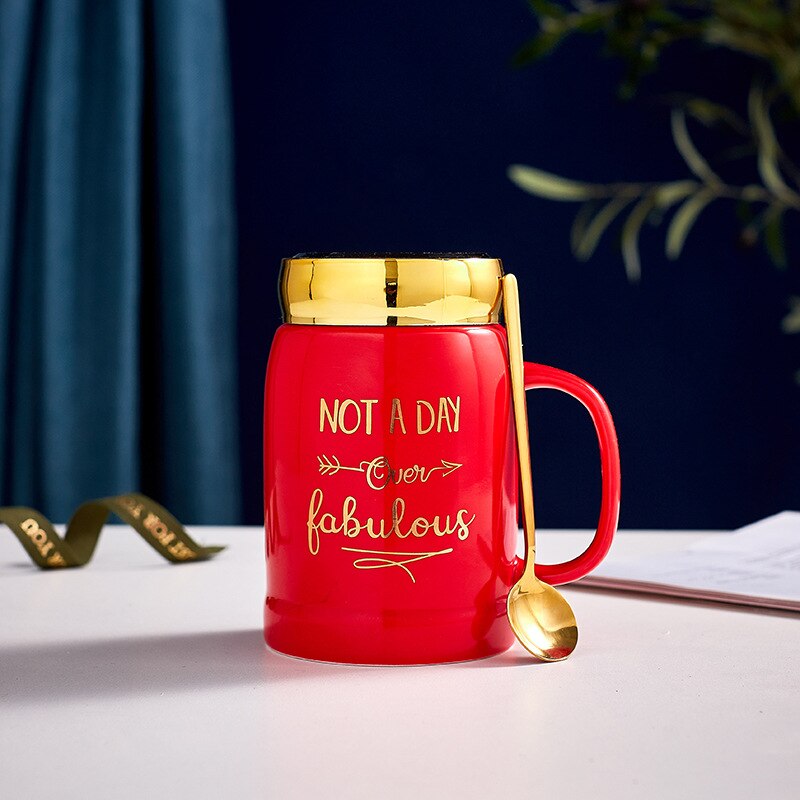 coffe cups with lid spoon Brief Mirror porcelain green red ceramic mug NOT A DAY Beer mug Office Home Couple lover: style 7