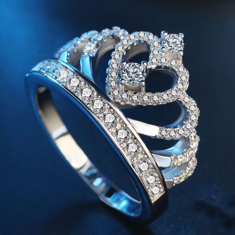 Anillos de boda con corona de corazón de plata de ley 925 romántica para mujer, con cristal transparente de 5A CZ, Plata de ley-joyería Anel