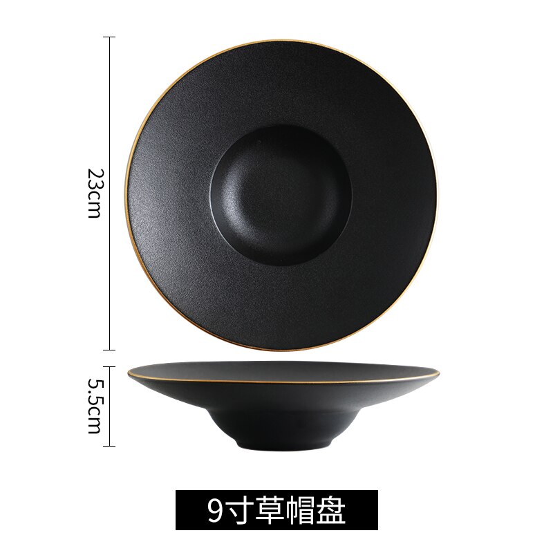 European breakfast Western plate simple black pasta plate household dish ceramic soup plate straw hat plate: Matte 9 inches