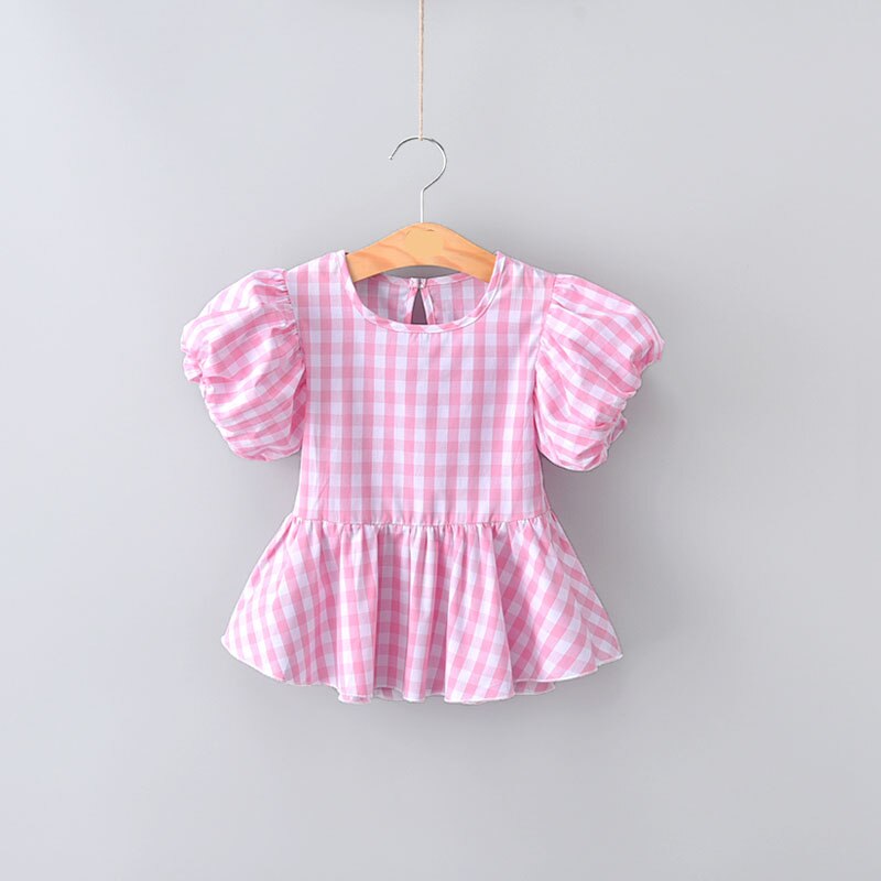Girls Blouses Cotton Children Tops Summer School Girl Blouse Kids Clothes Girls Shirt Short Sleeve infant toddler plaid: pink / 3T