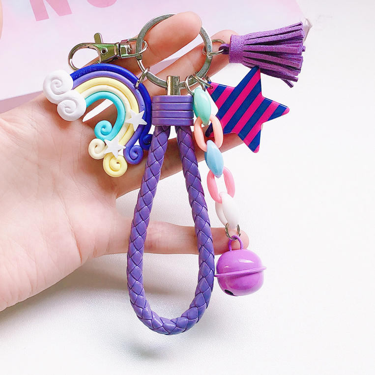 Porte-clés arc-en-ciel mignon, bracelet en cuir, corde tressée, pompon, pour femmes et filles, cloche étoile, sucette, accessoires de sac,: P8 / 613