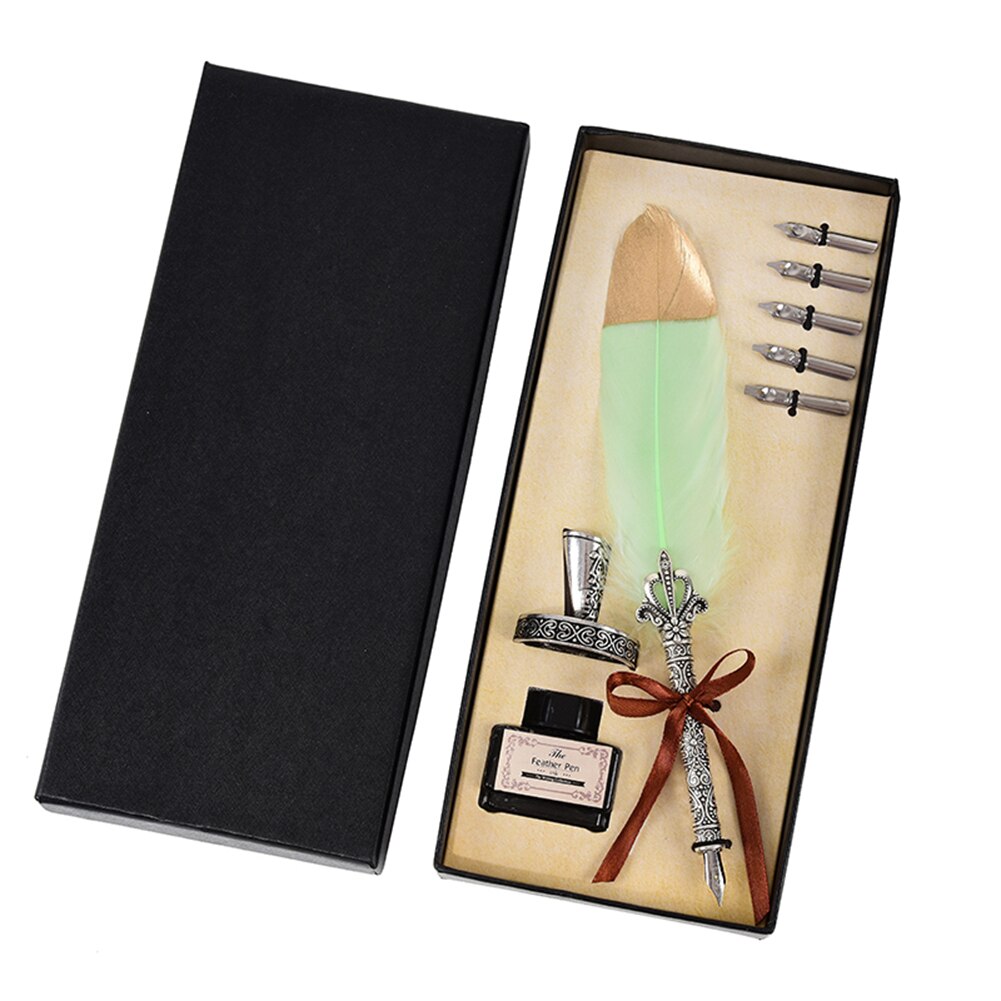 Vintage Calligraphy Feather Dip Pen Pen Handle 2/5 Nib Writing Ink Set Quill Fountain Pen Writing Set Birthday: 5 Nibs Army Green