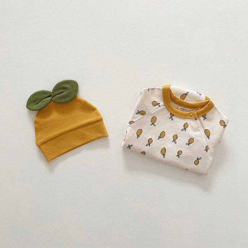 Babykleding herfst lange mouwen babyjongens driehoek romper babymeisje ananas muts bedrukte romper 2 stuks 3-24 maanden