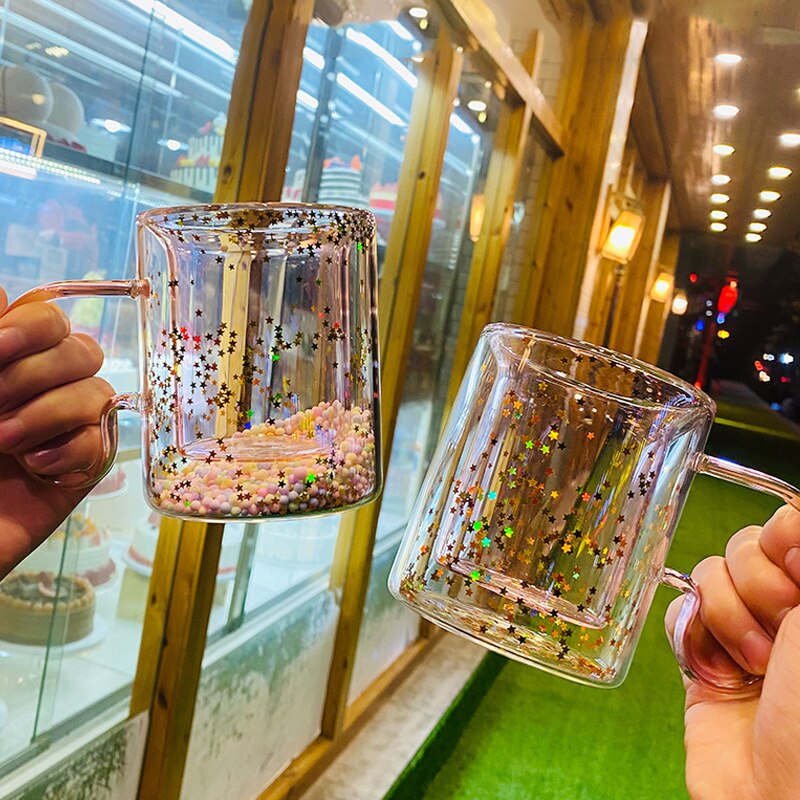 Girly Heart Sequins Korea Star Mug Heat-resistant Glass Double-layer Coffee Cup with Handle