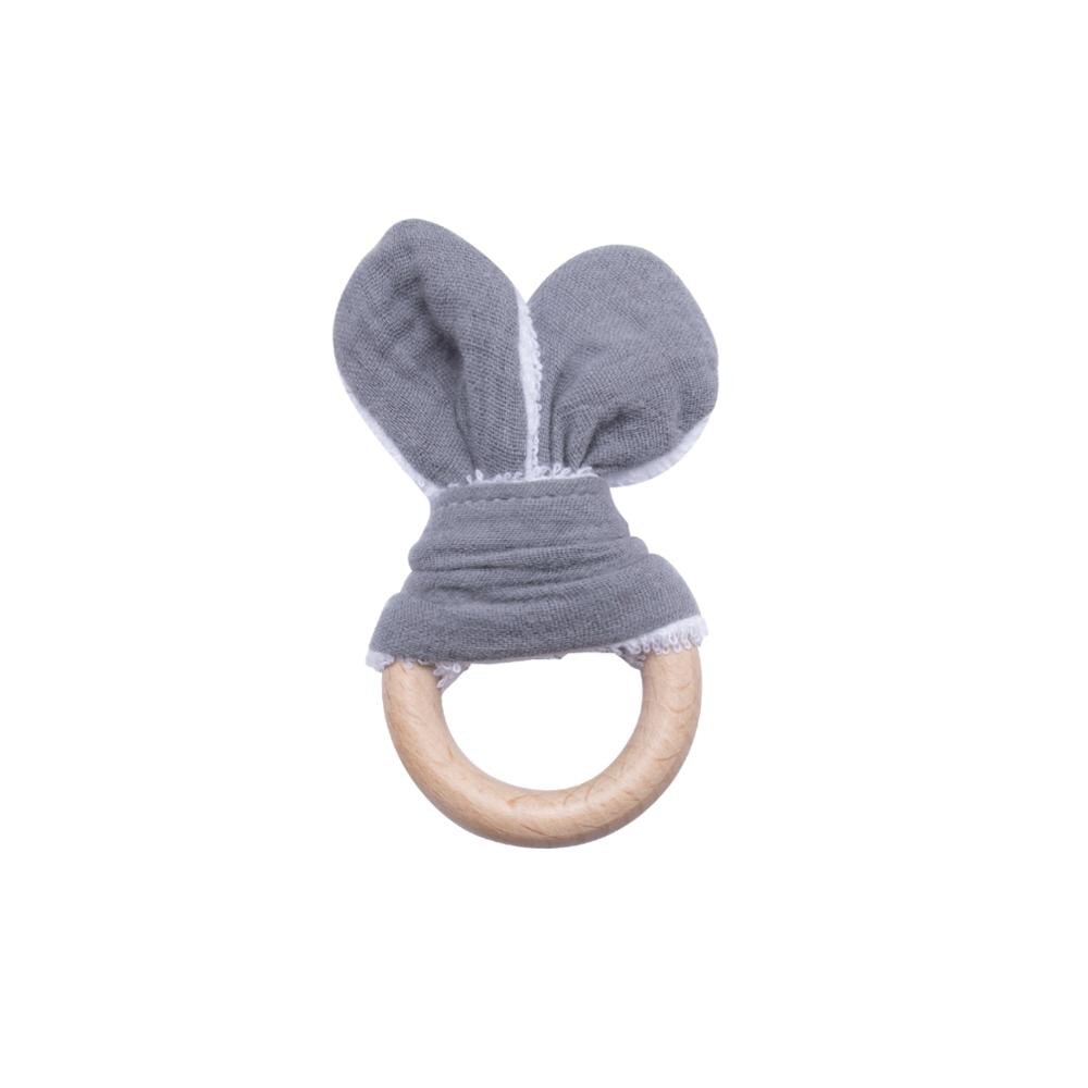 2 teile/satz Baumwolle Hase Ohr Rasseln Spielzeug Baby Buche Holz Zahnen Diy Armbinde Kinderwagen Kette Hase Ohr Baby Rassel Spielzeug: grau
