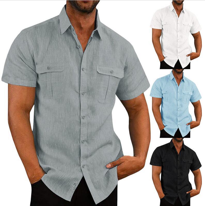 Bomull linne herr kortärmade skjortor sommar enfärgade ståkrage avslappnad strandstil plus size herrskjortor m -5xl