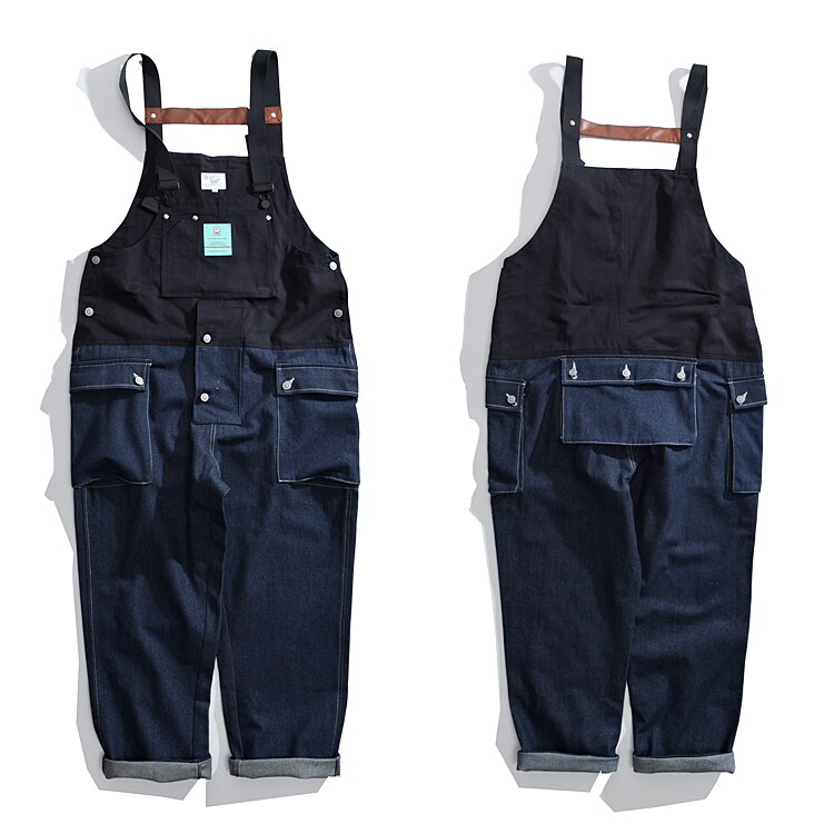 Kontrastsøm smæk overalls bukser herre safari cargo arbejdsbukser funktionelle flere lommer denim bukser overalls herre jeans: M / Sort