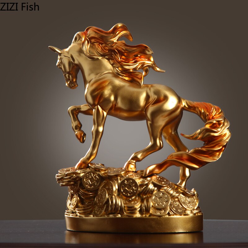 Gullhest statuett håndverk ornamenter mørk hest dyr statue kontor desktop dekor nordisk hjem dekorasjon harpiks figurer