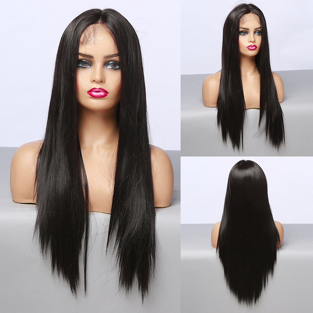 ALAN EATON Middle Part Cosplay Black Lace Wigs for Women Natural Long Straight Synthetic Lace Front Hair Heat Resistant Fiber: bl66043-2