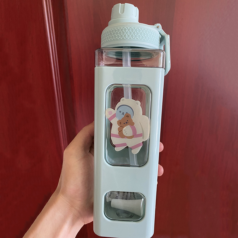 Kawaii Bär Pastell Wasser Flasche Mit 3D Aufkleber 700ml/900ml Kunststoff Reise Tee Saft Milch Tragbare Nette Shaker Trinken Flasche: Grün 2 / 900ml
