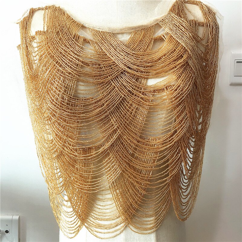 Royal bluegold sølvfarvet sidebryllup broderet krave med beaded kvasterapplikationer halsudskæring med krage: C 5 lag guld