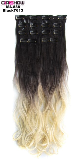 Girlshow Clip in on synthetic Dip dye Hair Extensions 7pcs/set 22" Long wavy Heat resistance fibre ombre Hair MS-888, 90g/set: MS-888 BlackT613