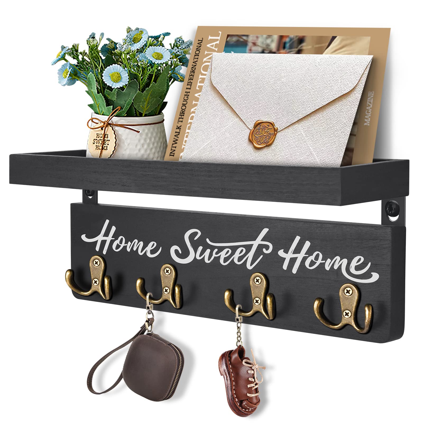 Wooden Key Holder for Wall with Shelf Home Entryway Decorative Key Hanger for Wall with 4 Double Key Hooks and Mail Organizer: black