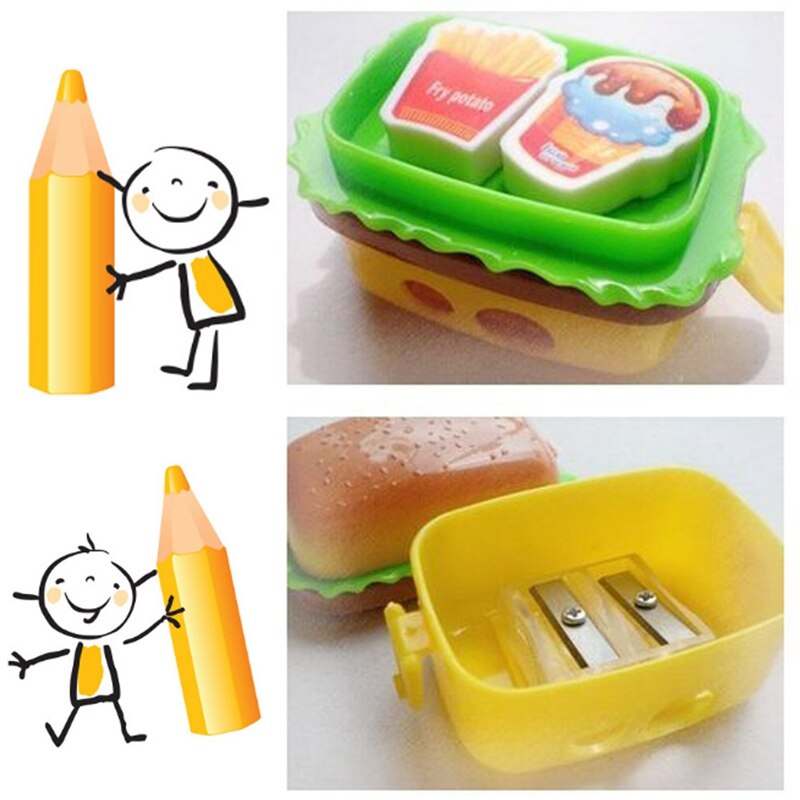 Sacapuntas con forma de hamburguesa de 2 orificios con dos gomas/borrador cuchillo de lápiz escolar para niños suministros de papelería