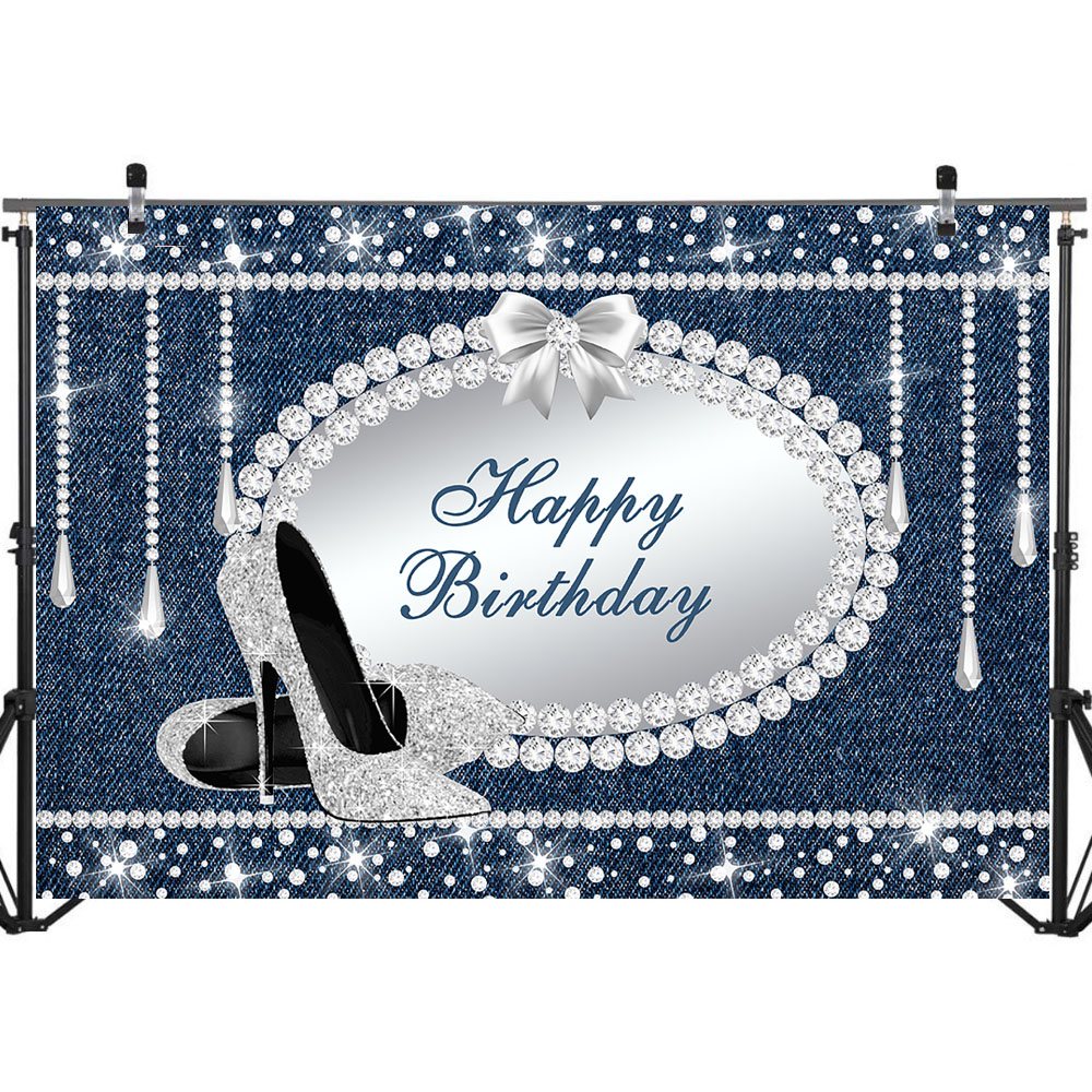 Denim and Diamonds Party Backdrop Glitter Diamond Crystal Heels Photography Backdrops Happy Birthday Background Photoshoot Props