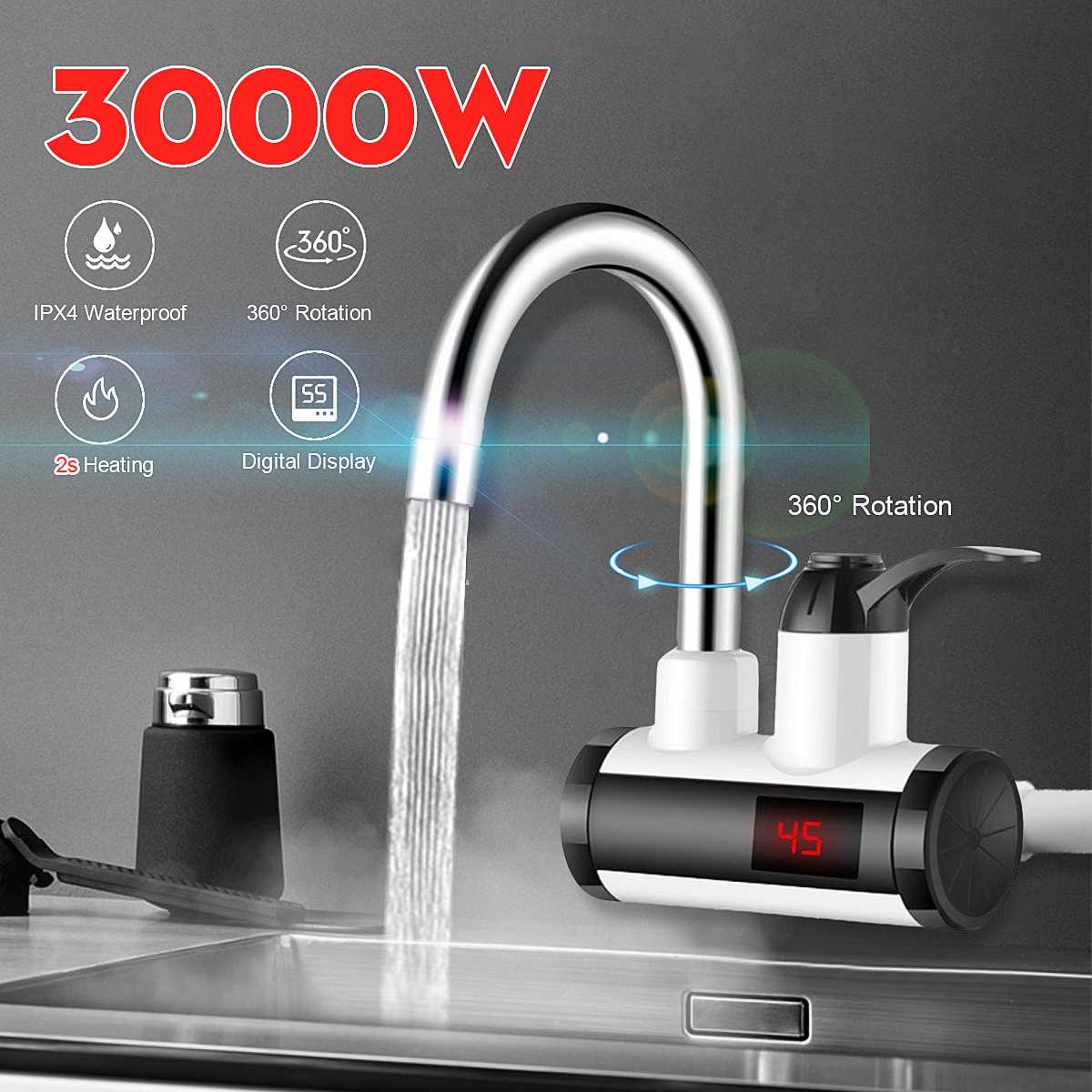 220V 3000W Electric Kitchen Water Heater Tap Instant Cold Heating Faucet Tankless Instantaneous Water Heater