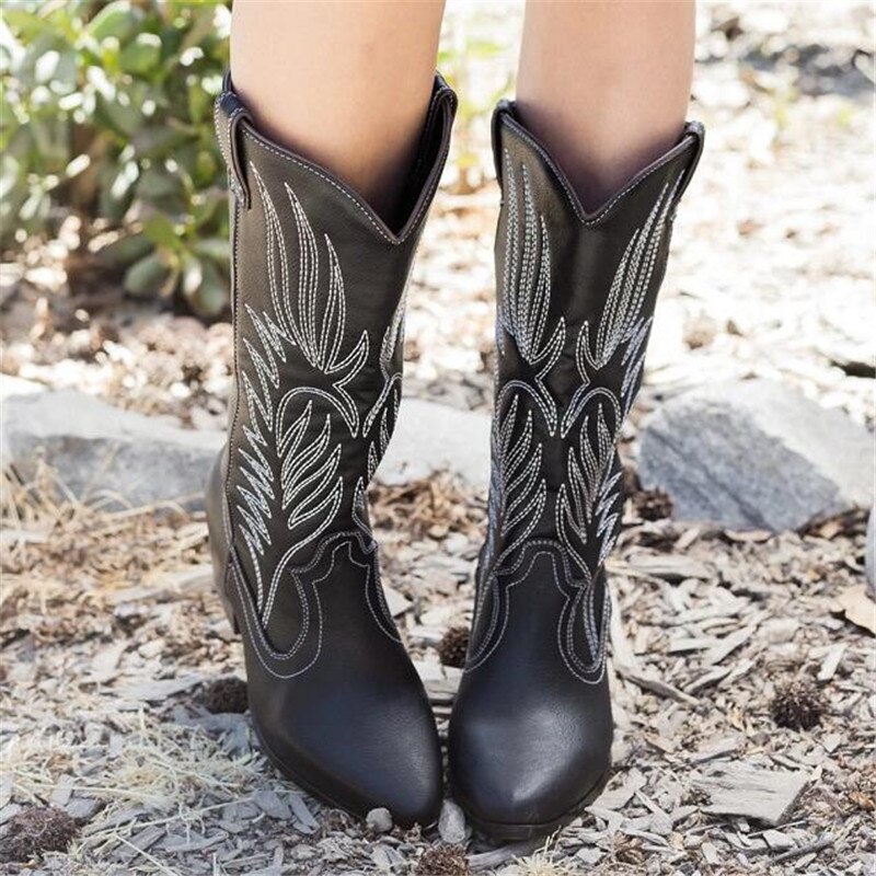 Western Cowboy Dames Laarzen Voor Vrouwen Puntige Toe Cowgirl Laarzen Vierkante Hakken Knie Hoge Laarzen Retro Vrouwen Schoenen Zwart Botas mujer