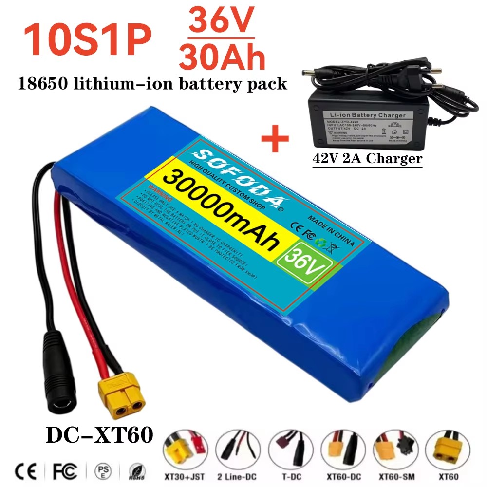 Große Kapazität 36 V 30000 mAh 10S1P 18650 Lithium-Ionen-Akku 30 Ah, mit BMS 500 W, ausgestattet mit 42 V 2 A Ladegerät