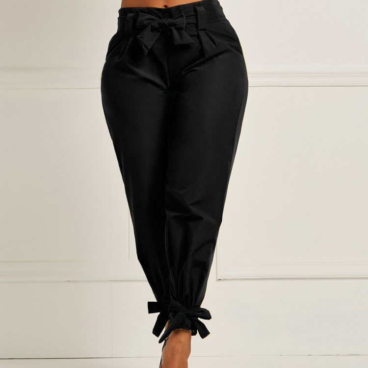 Femmes été Harem pantalon avec ceinture noeud papillon solide pantalon dames décontracté taille moyenne filles rue vêtements: Black / XL