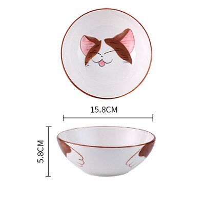 Cute Cat Ceramic Dinner Plate Dish Bowl Spoon Set Cartoon Porcelain Food Container Kids breakfast Dinnerware Set: Brown Big bowl
