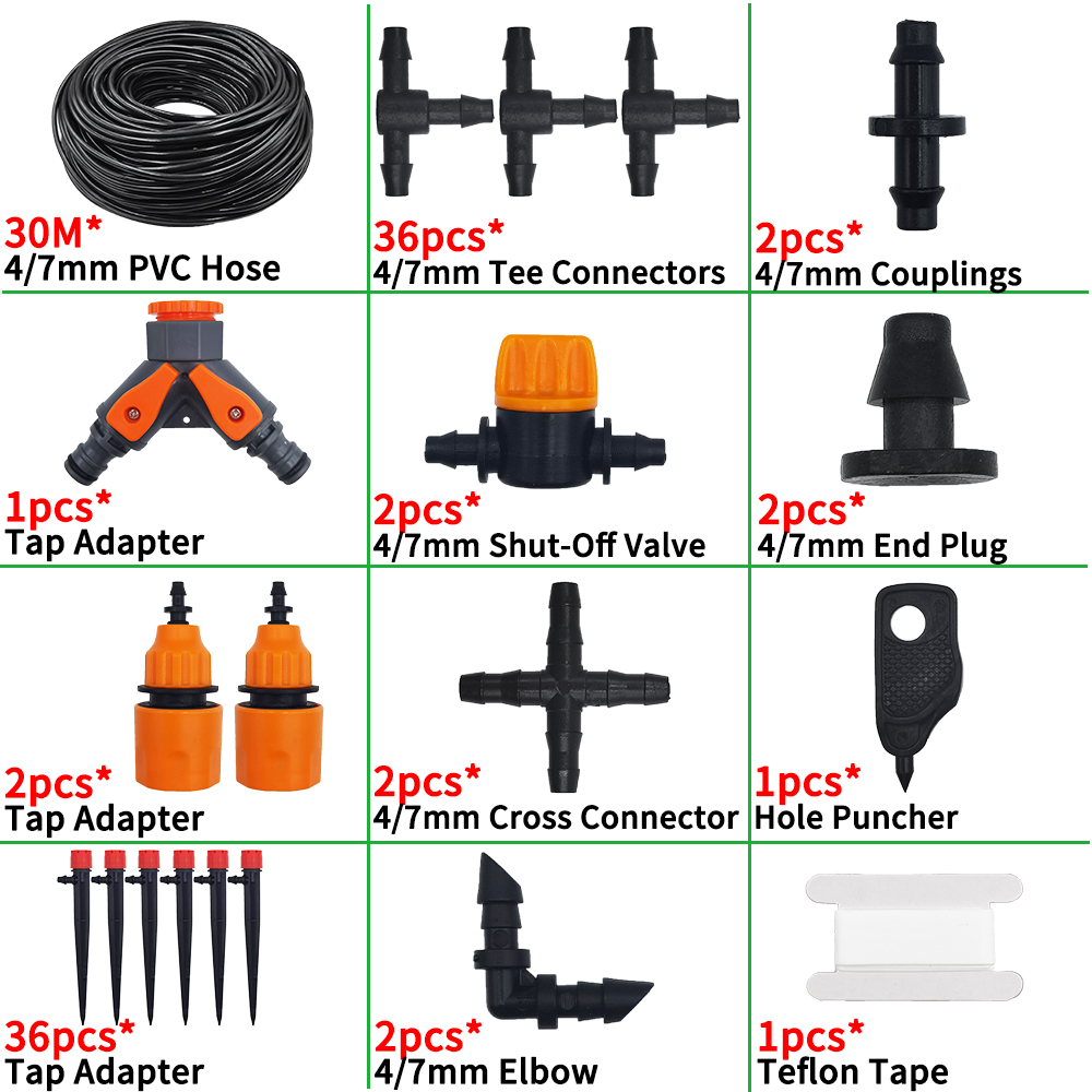 Drip Irrigation System 1/4'' Hose Adjustable 13CM Sprinkler Kit 4-Way Micro Watering Flow for Garden Flowers Vegetables: Light Grey