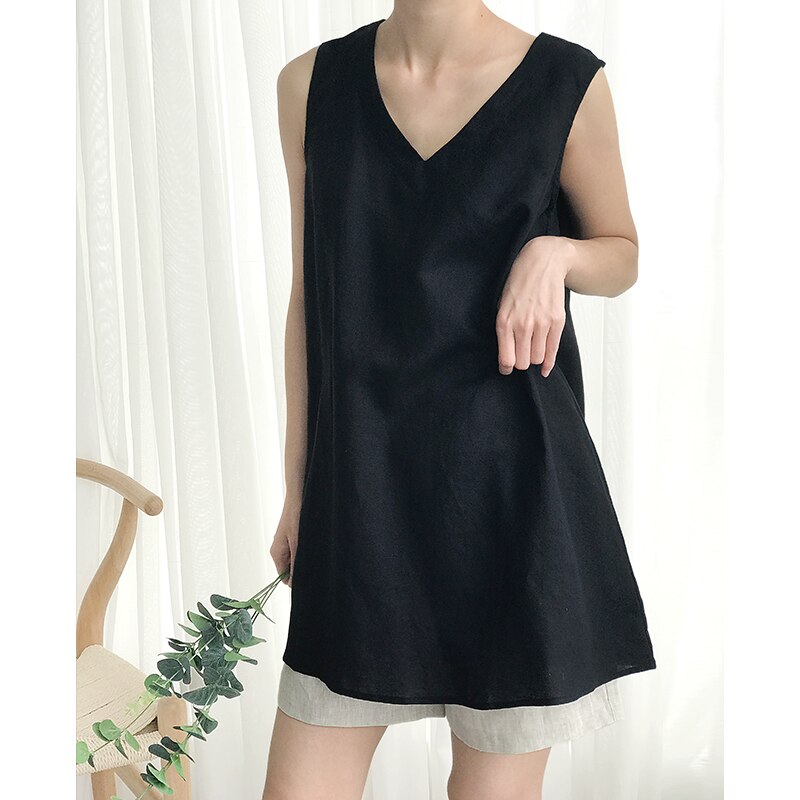 Débardeur sans manches en lin à col en v pour femme, haut Long décontracté, ample, couleur unie, grande taille, été,: L / Long Black