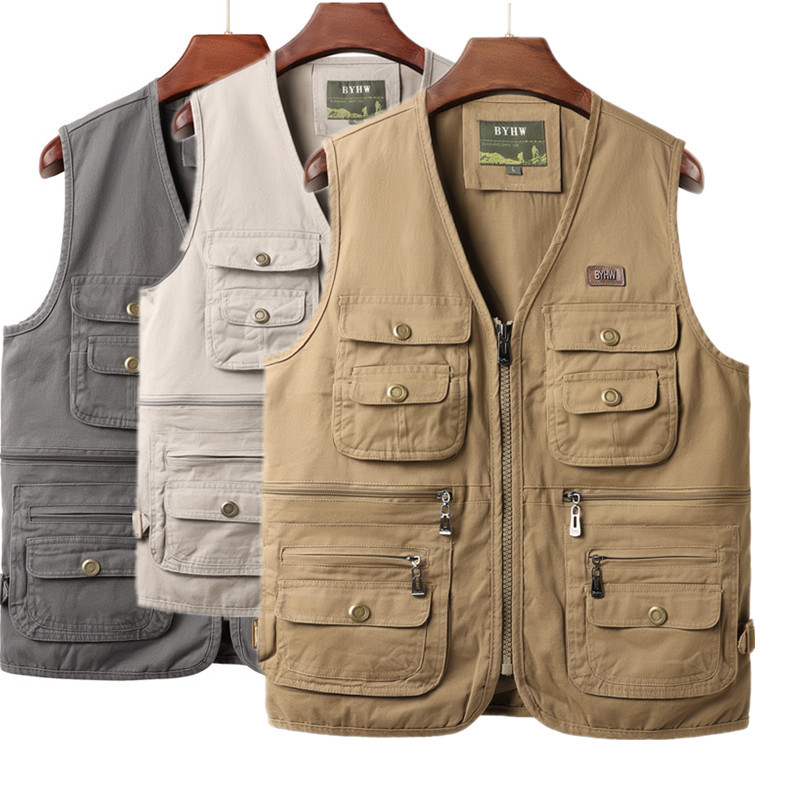 Herenvest met meerdere zakken, mouwloos jack, cargo vest voor heren, outdoor werkkleding, reis- en wandelvest, katoenen vest